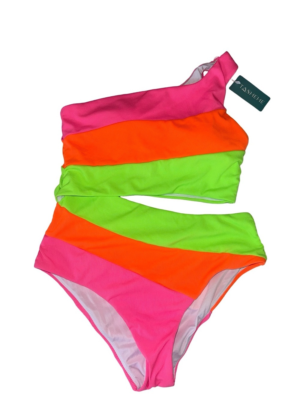 FASHION NOVA Neon Colorblock One-Shoulder Swimsuit - Pink, Orange, Lime Green